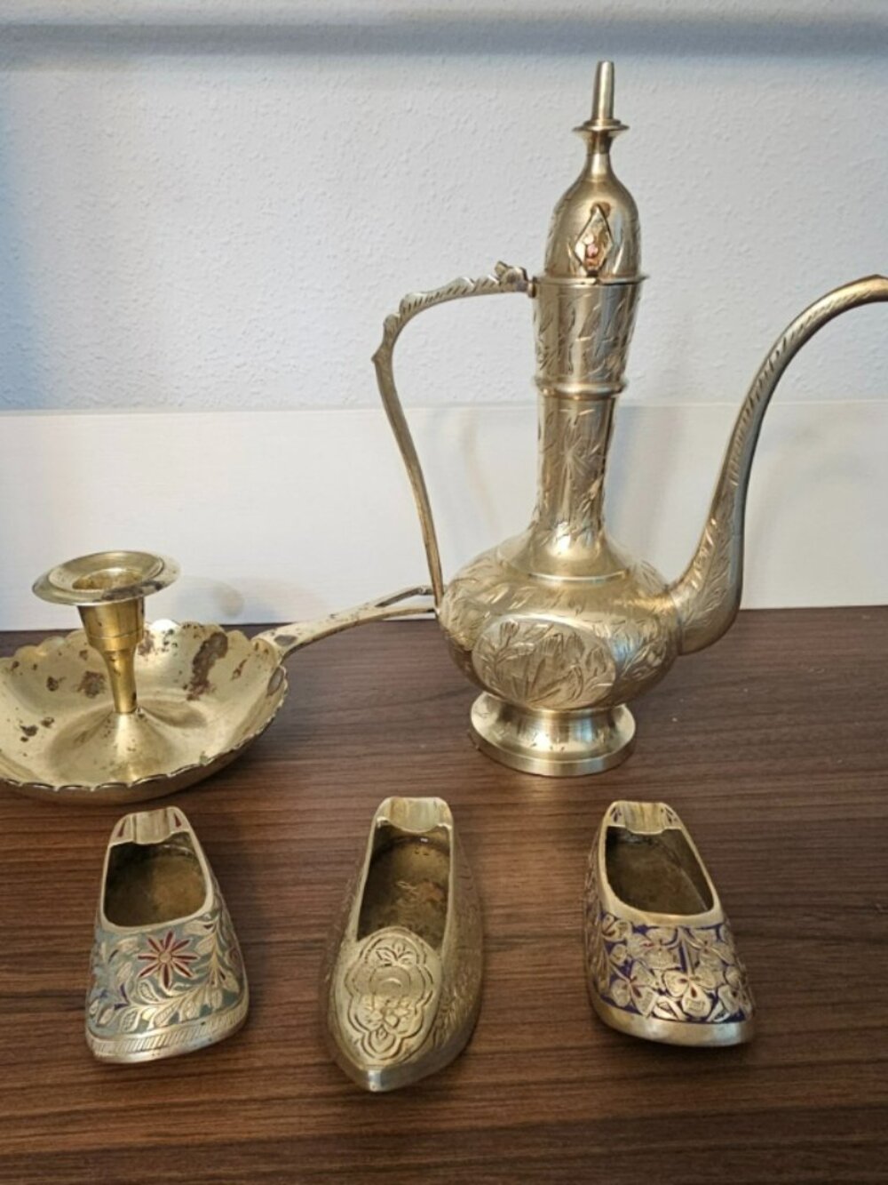 5pc Vintage Indian Etched Brass Ewer Tea Pot Candlestick Enamel Slipper Ashtray